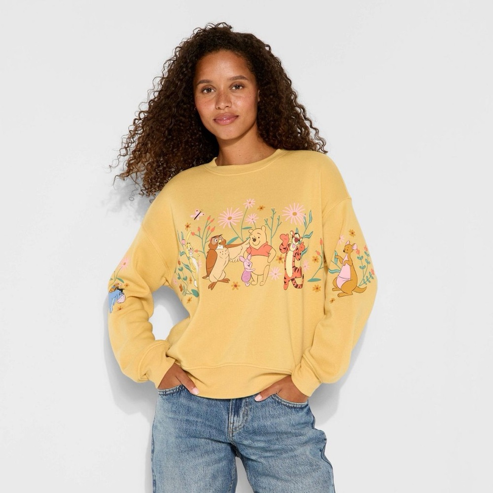 Women's Winnie Fleece Graphic Pullover Sweatshirt - Mustard Yellow XX-Small